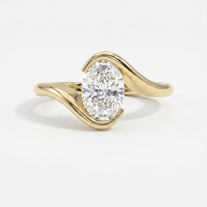 Modern Twist Bypass Design Oval Diamond Solitaire Ring, view 1
