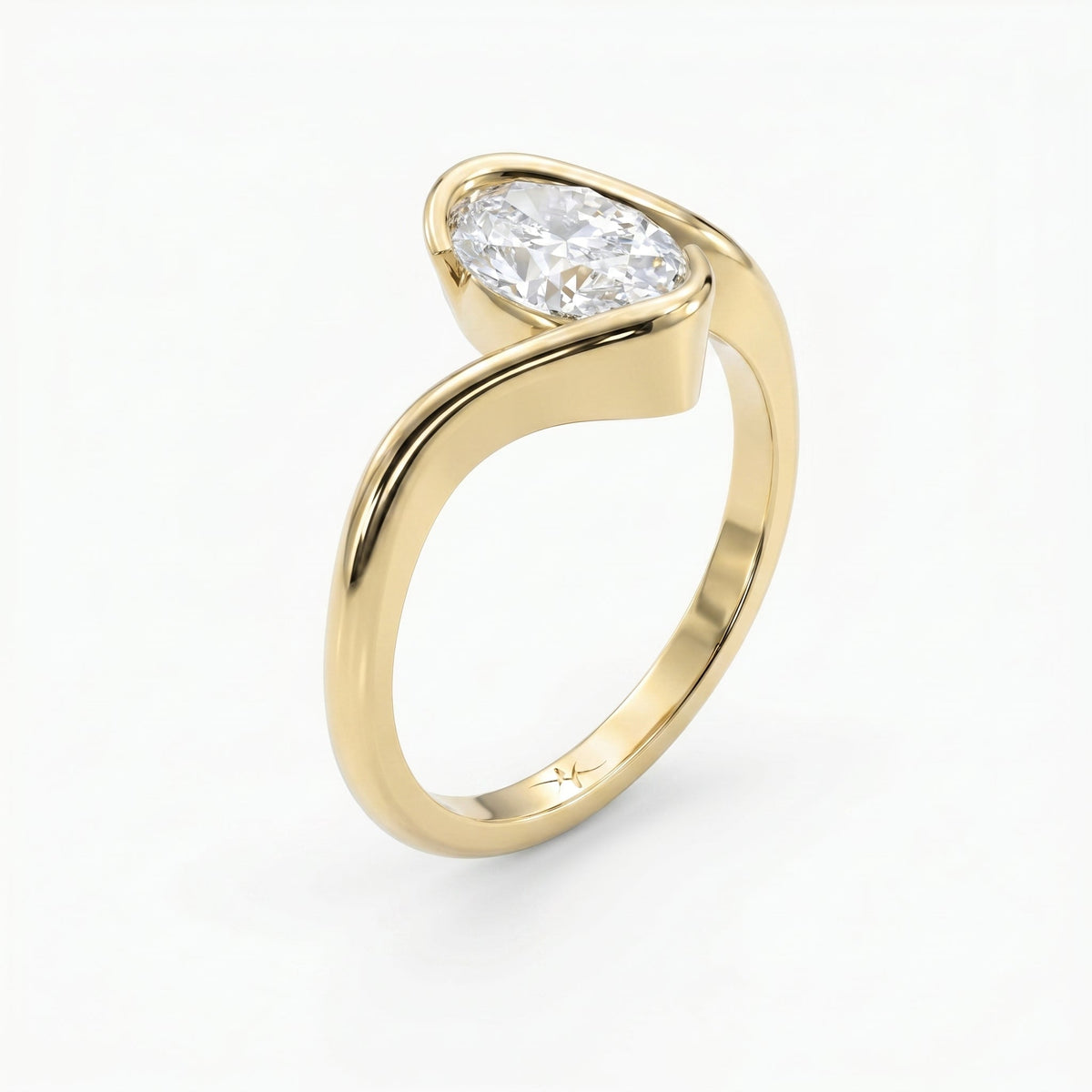 Modern Twist Bypass Design Oval Diamond Solitaire Ring, view 3