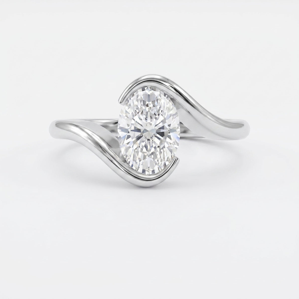 Modern Twist Bypass Design Oval Diamond Solitaire Ring, view 6