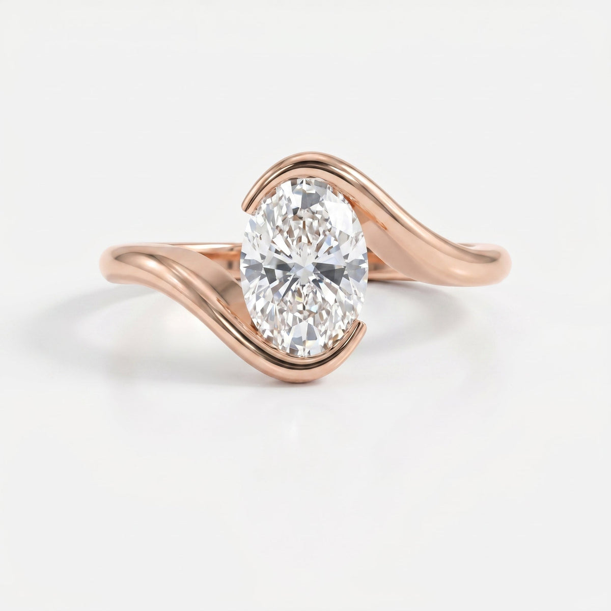 Modern Twist Bypass Design Oval Diamond Solitaire Ring, view 7