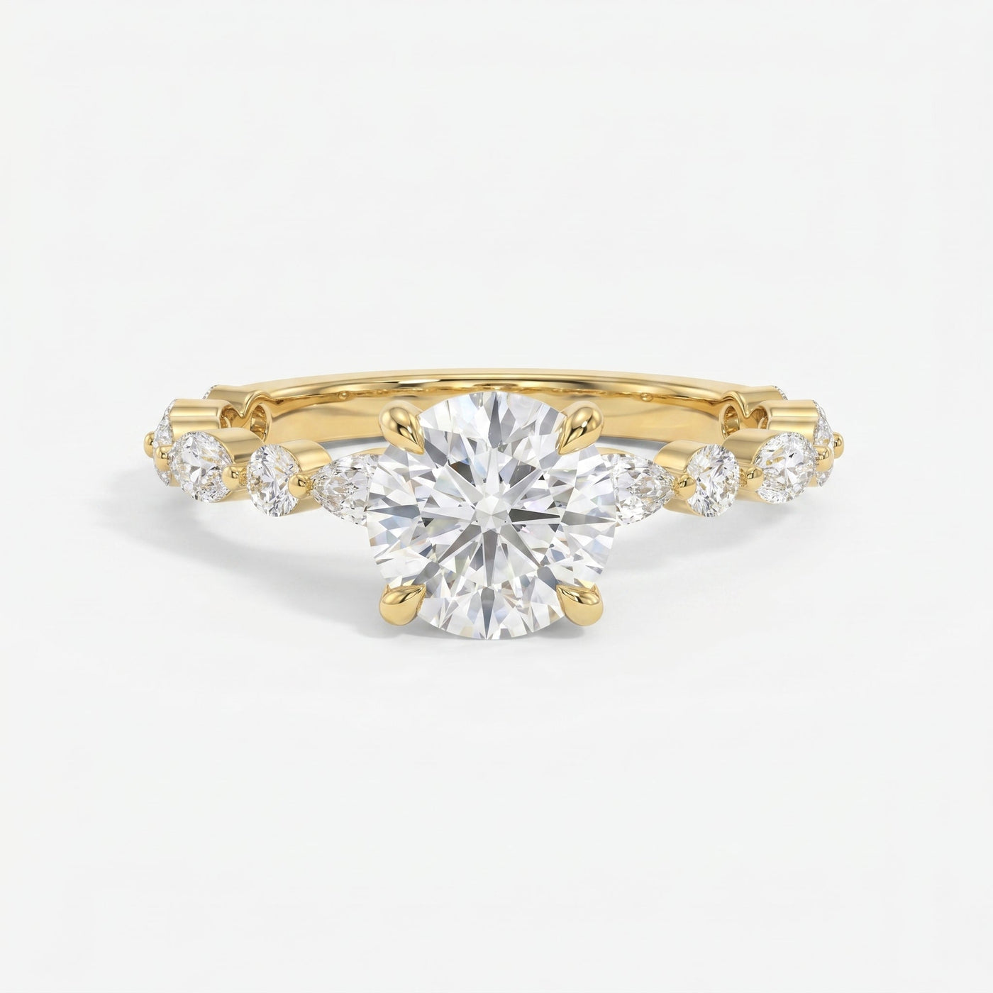 Elegant Round Prong Set Diamond Ring with Marquise Accents Side Stone Engagement Ring, view 1