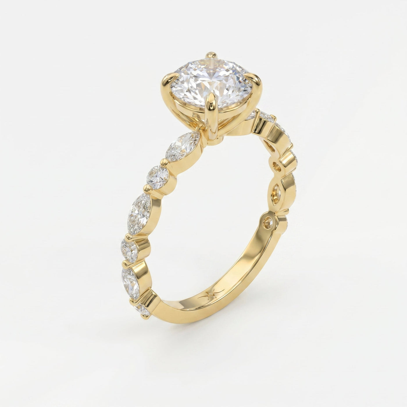Elegant Round Prong Set Diamond Ring with Marquise Accents Side Stone Engagement Ring, view 3