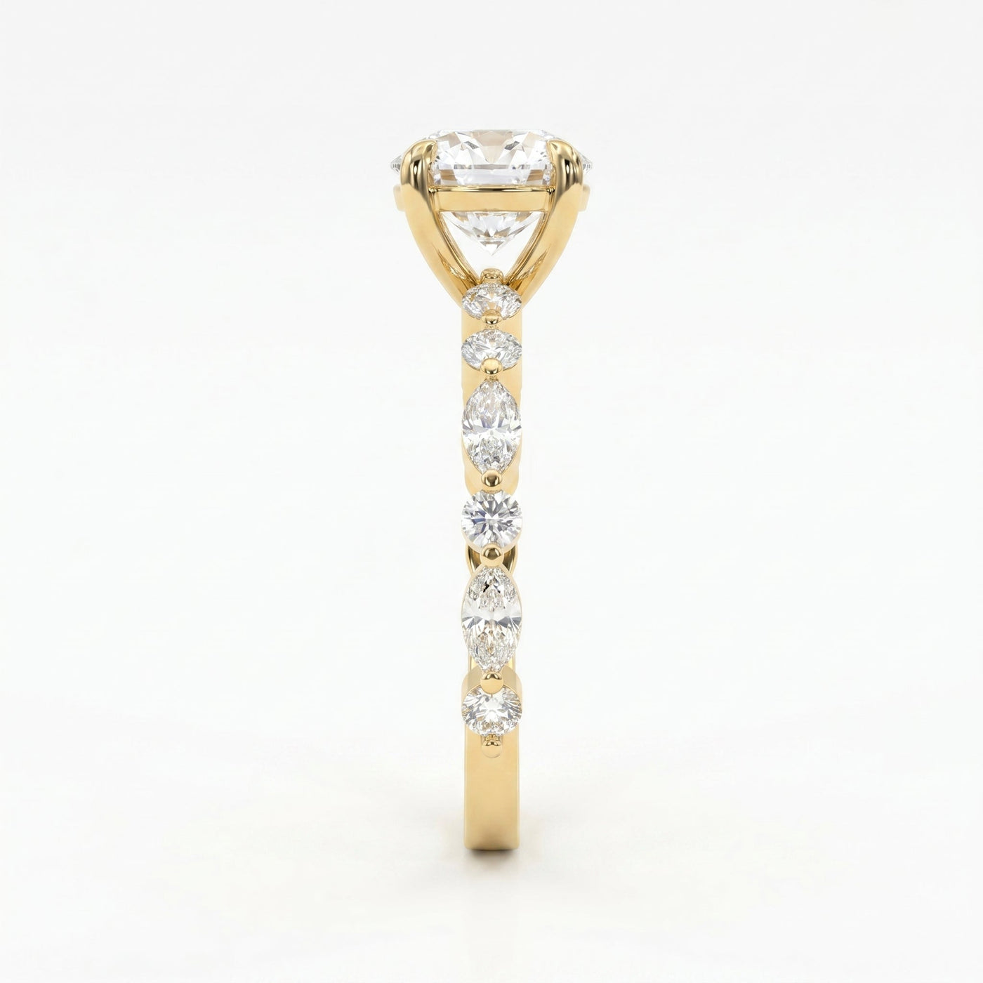 Elegant Round Prong Set Diamond Ring with Marquise Accents Side Stone Engagement Ring, view 4