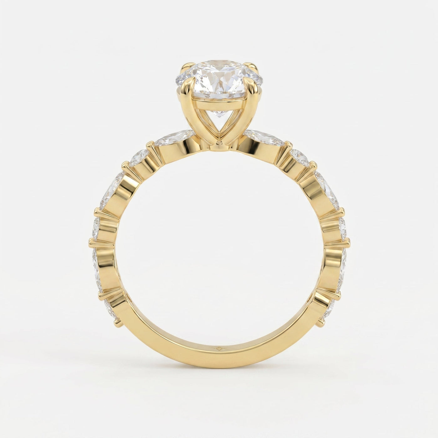 Elegant Round Prong Set Diamond Ring with Marquise Accents Side Stone Engagement Ring, view 5