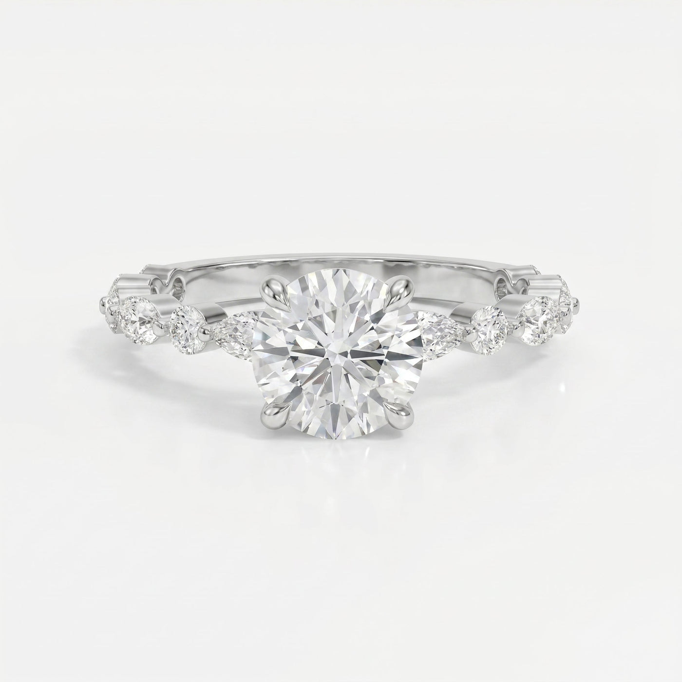Elegant Round Prong Set Diamond Ring with Marquise Accents Side Stone Engagement Ring, view 6