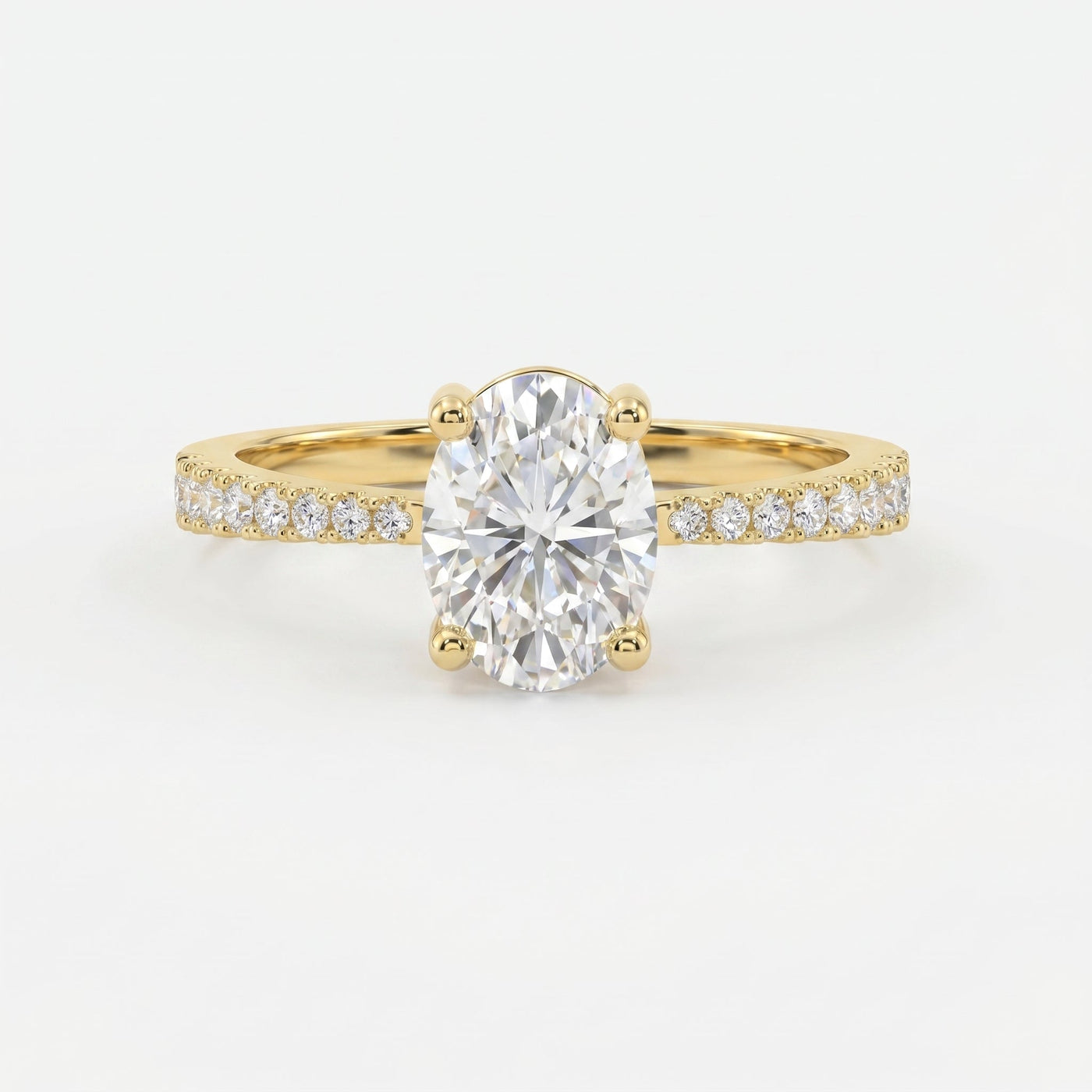 Oval Cut Diamond Side Stone Engagement Ring with Pavé Band, view 1