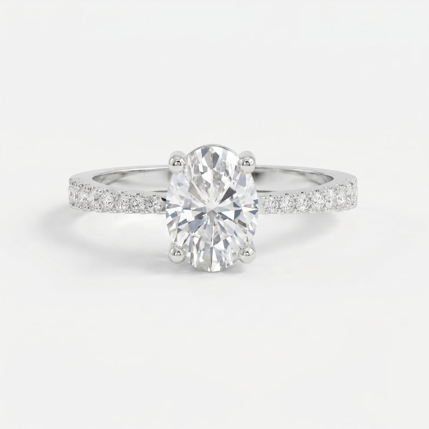 Oval Cut Diamond Side Stone Engagement Ring with Pavé Band, view 3