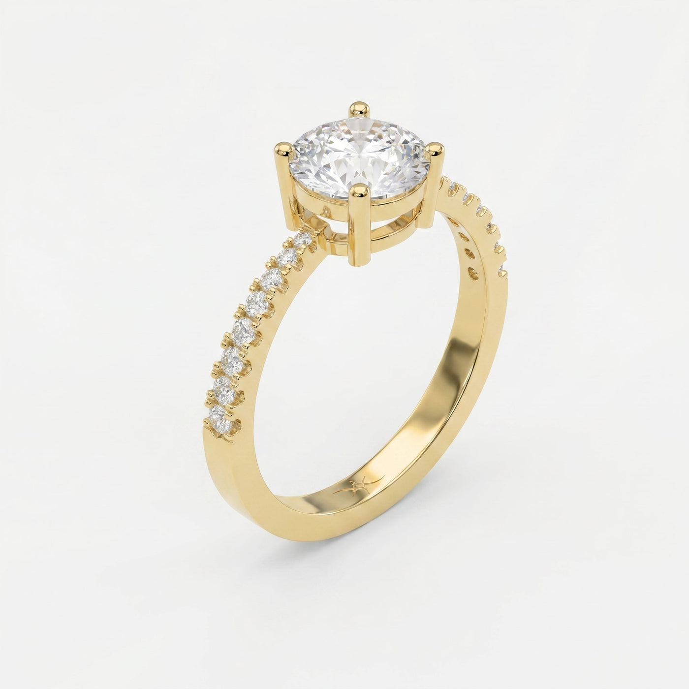 Elegant Round Cut Diamond Side Stone Ring with Pavé Band, view 3