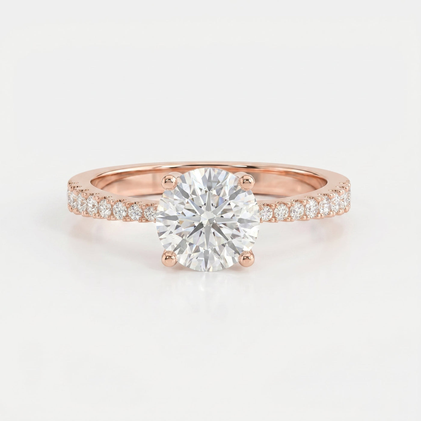 Elegant Round Cut Diamond Side Stone Ring with Pavé Band, view 7