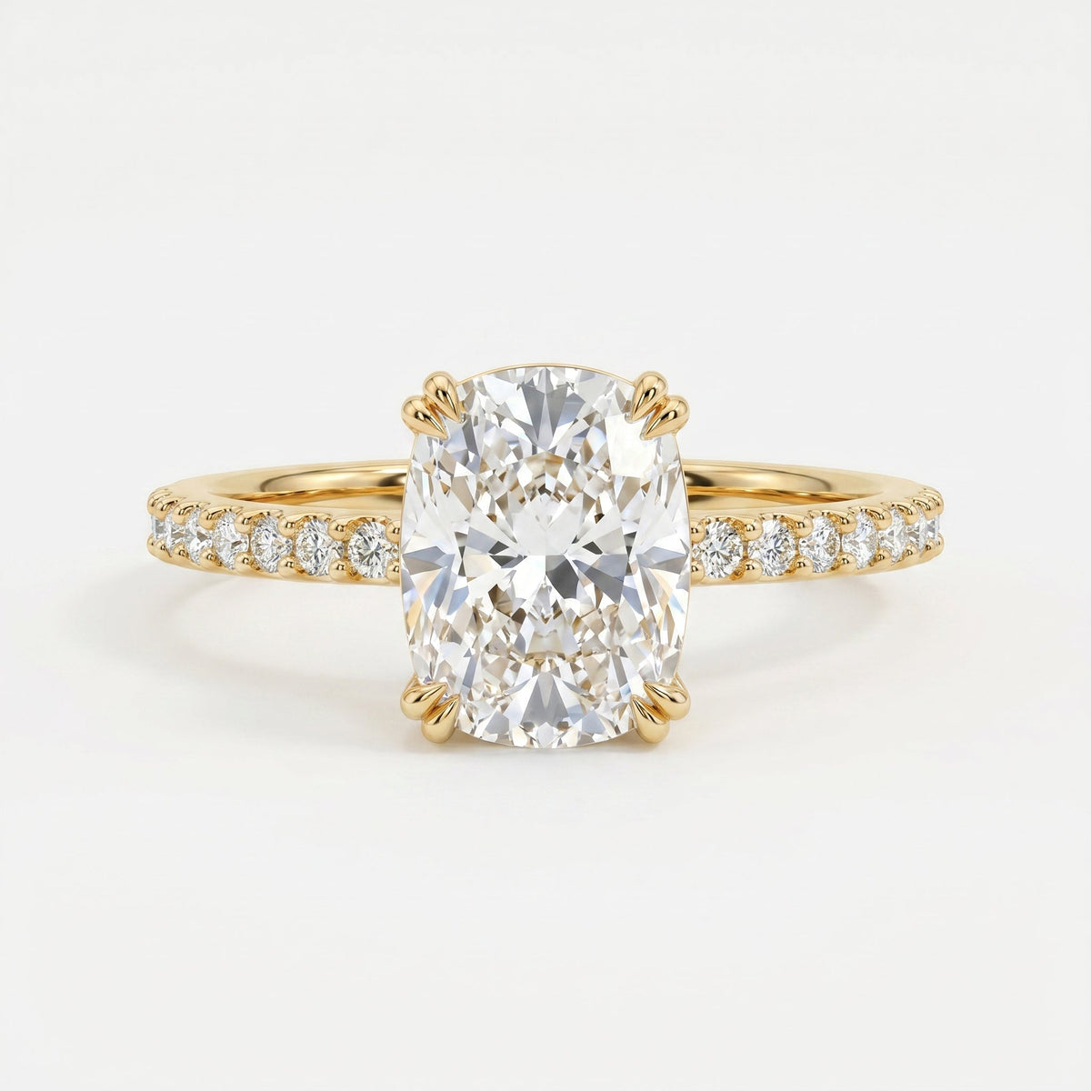 Cushion Cut Diamond Pave Side Stone Engagement Ring, view 1