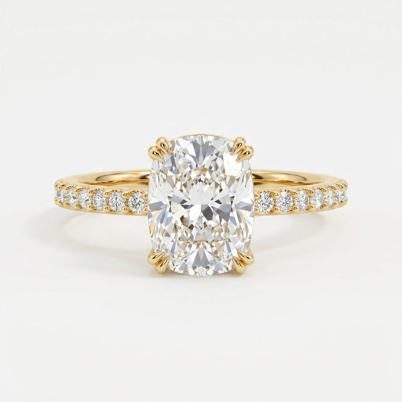 Cushion Cut Diamond Pave Side Stone Engagement Ring, view 1