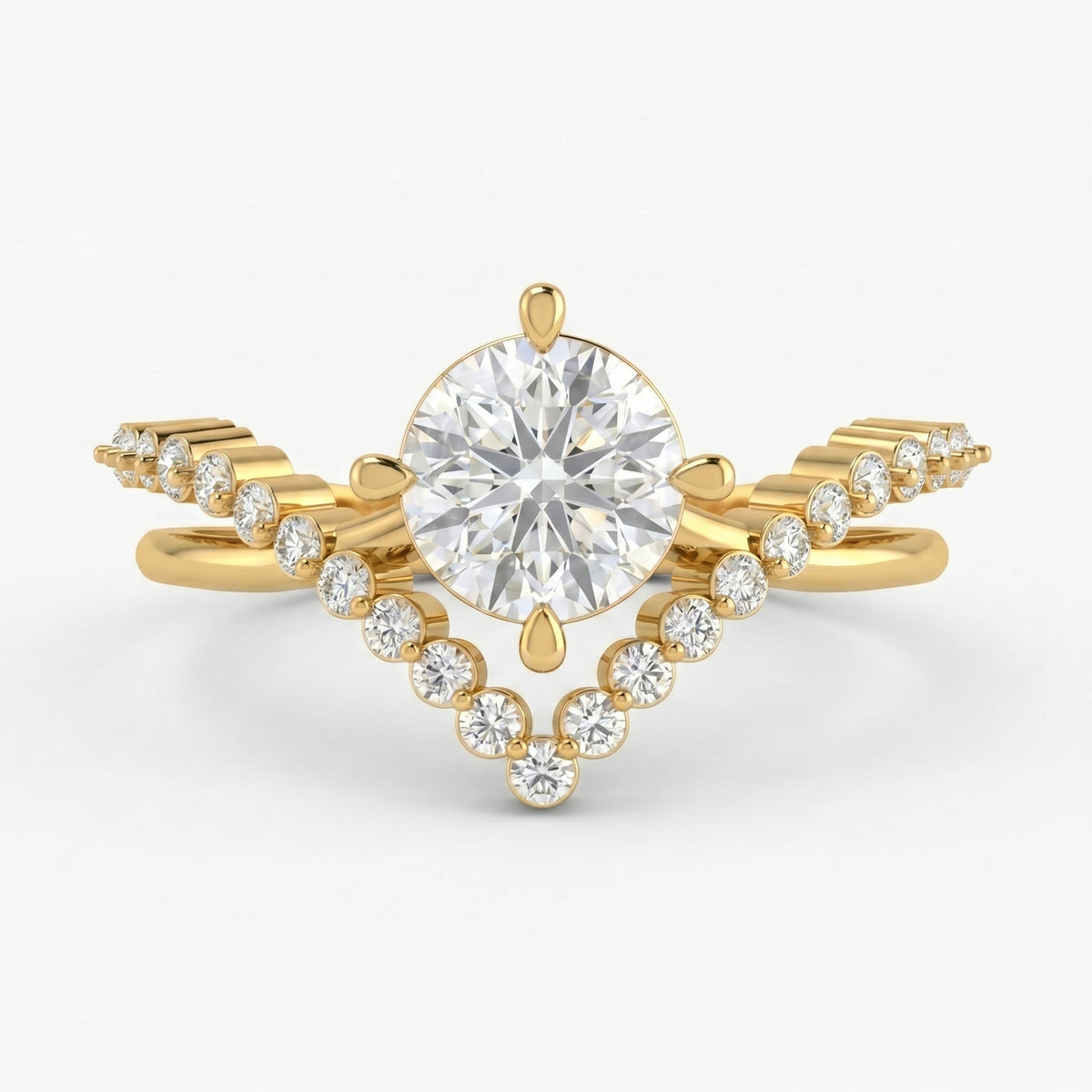 Round Cut Diamond Split Shank Chevron Pave Side Stone Engagement Ring, view 1