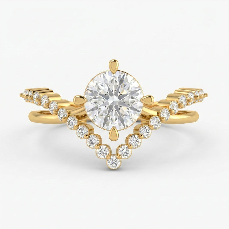 Round Cut Diamond Split Shank Chevron Pave Side Stone Engagement Ring, view 1