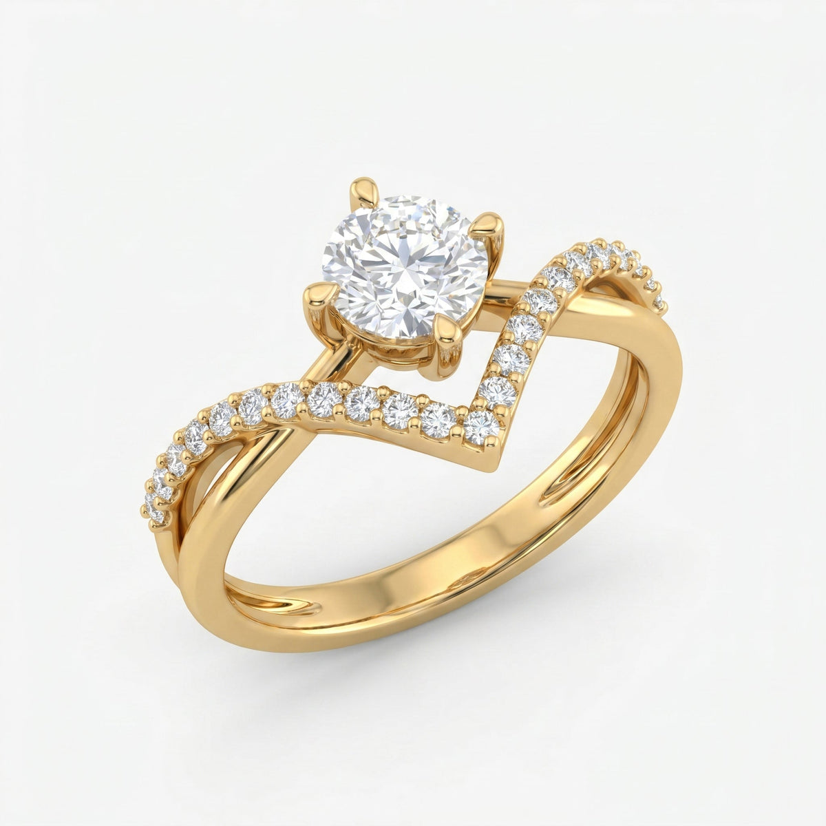 Round Cut Diamond Split Shank Chevron Pave Side Stone Engagement Ring, view 5