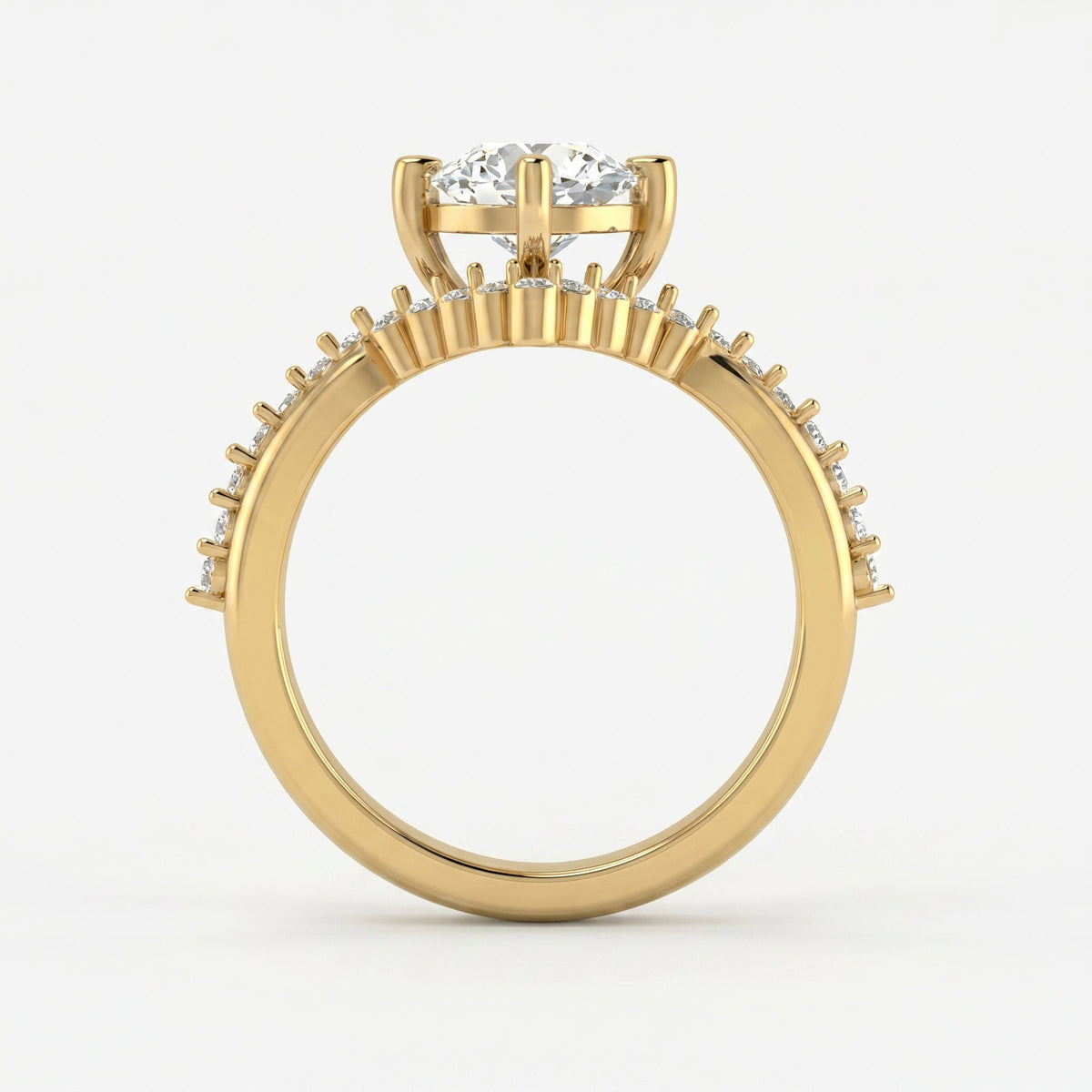 Round Cut Diamond Split Shank Chevron Pave Side Stone Engagement Ring, view 6