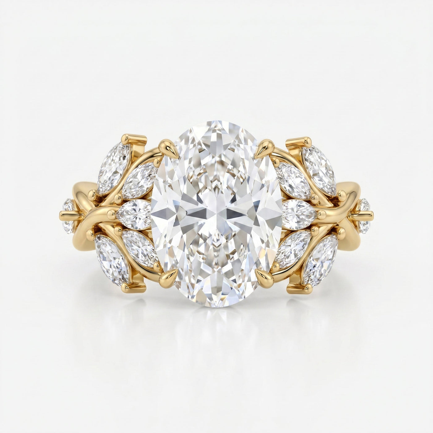 Oval Diamond Engagement Ring Nature Inspired Marquise Leaf Side Stone Ring, view 1