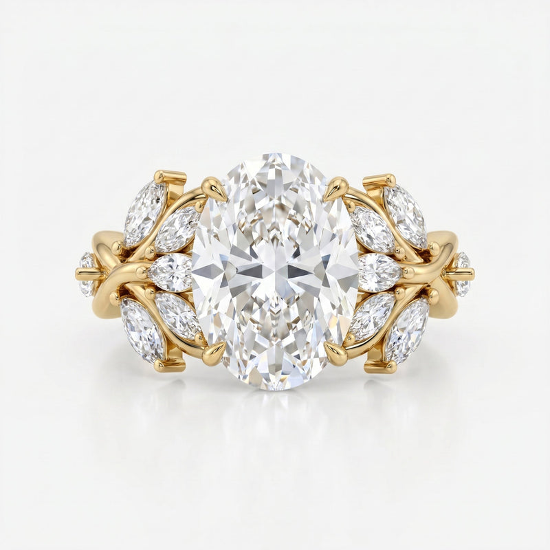 Oval Diamond Engagement Ring Nature Inspired Marquise Leaf Side Stone Ring, view 1