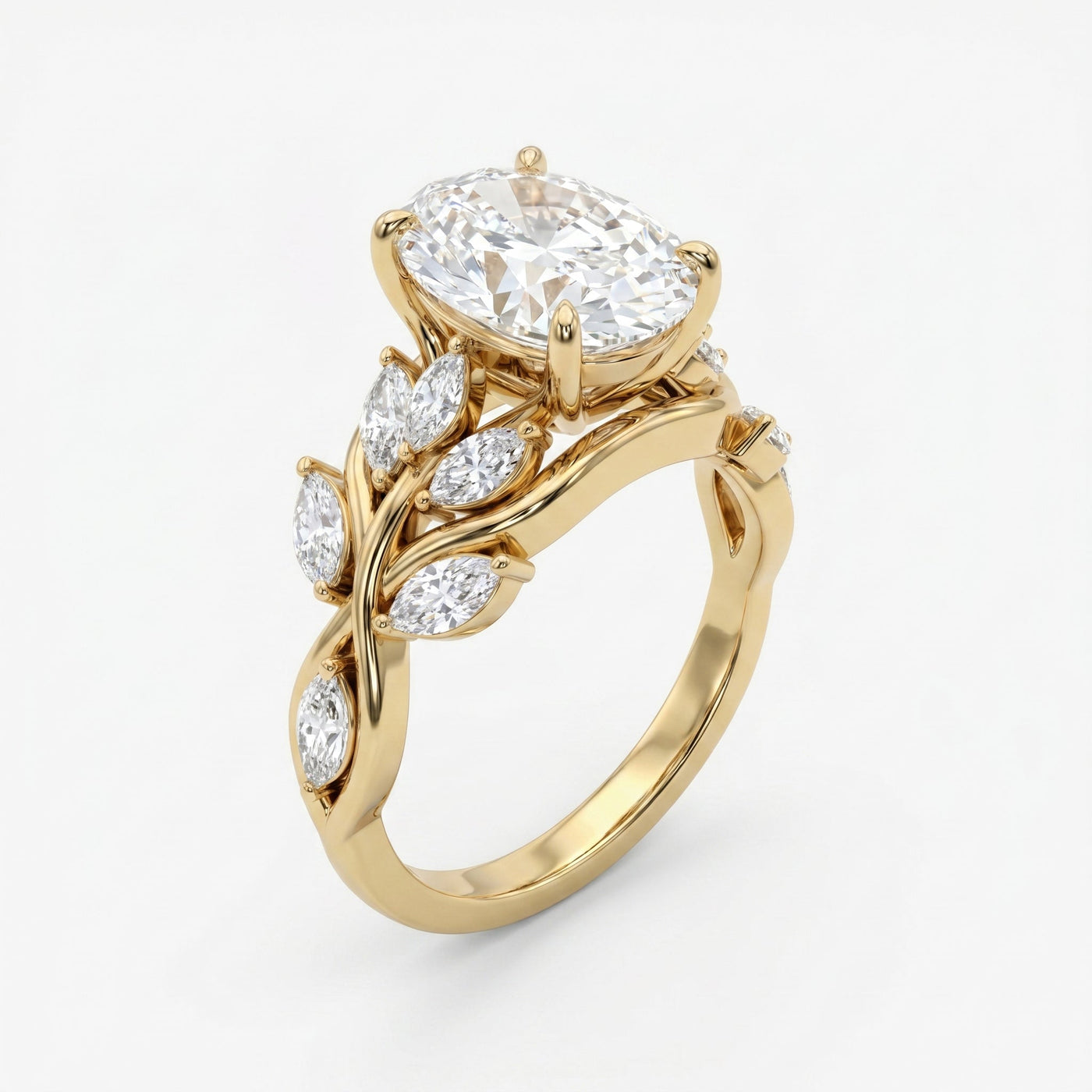 Oval Diamond Engagement Ring Nature Inspired Marquise Leaf Side Stone Ring, view 5