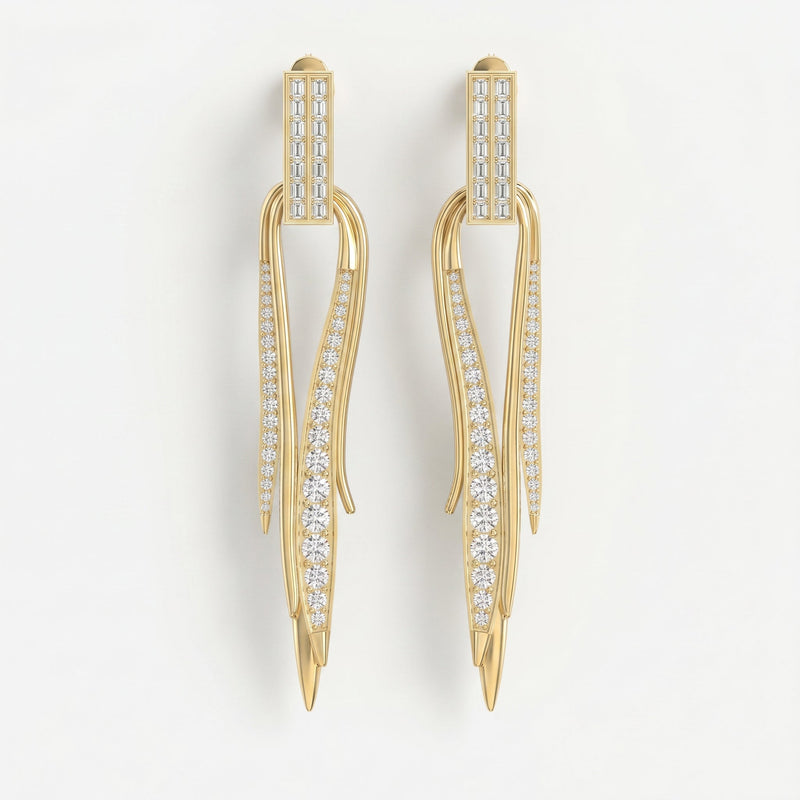 Baguette & Round Diamond Long Statement Fashion Earrings, view 1
