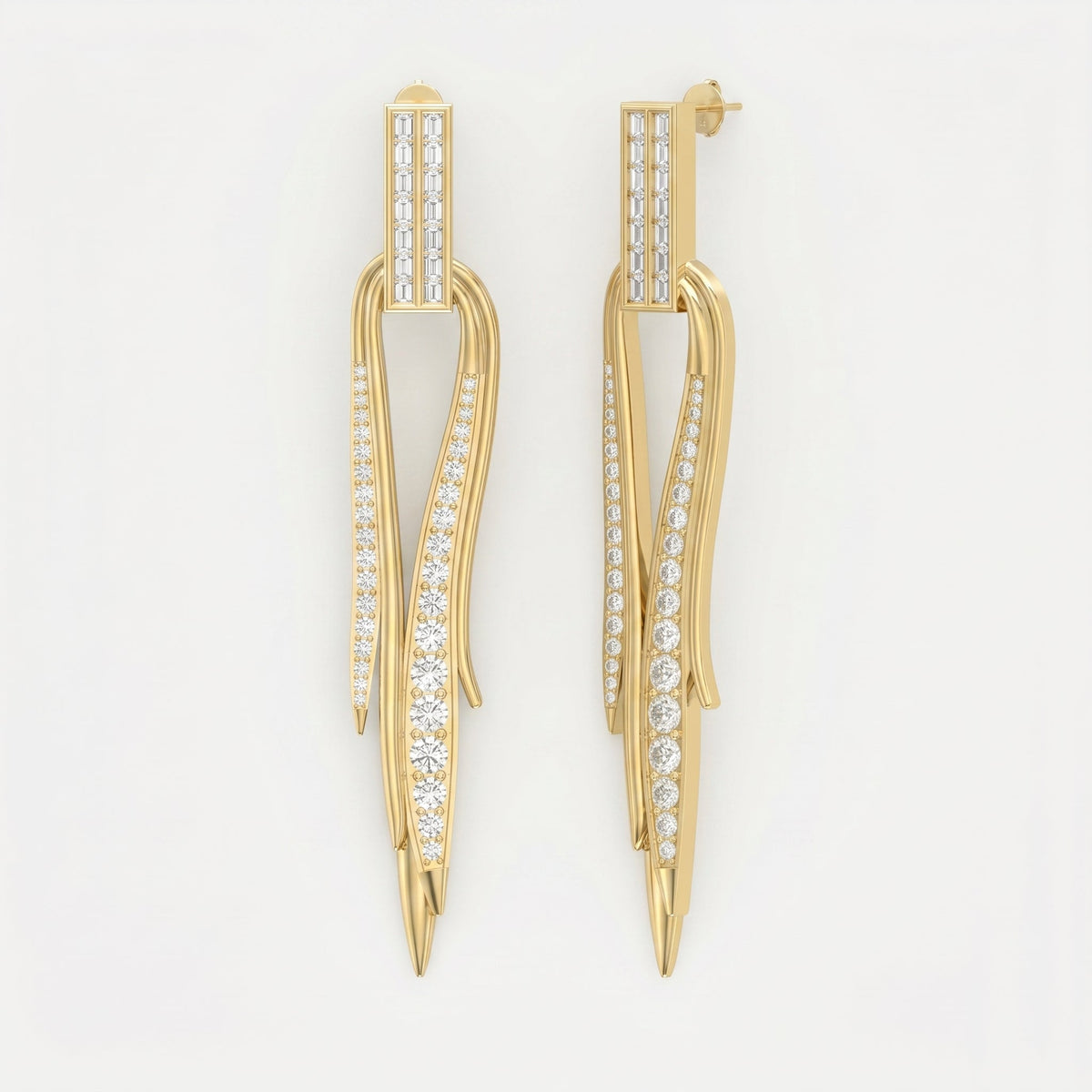 Baguette & Round Diamond Long Statement Fashion Earrings, view 3