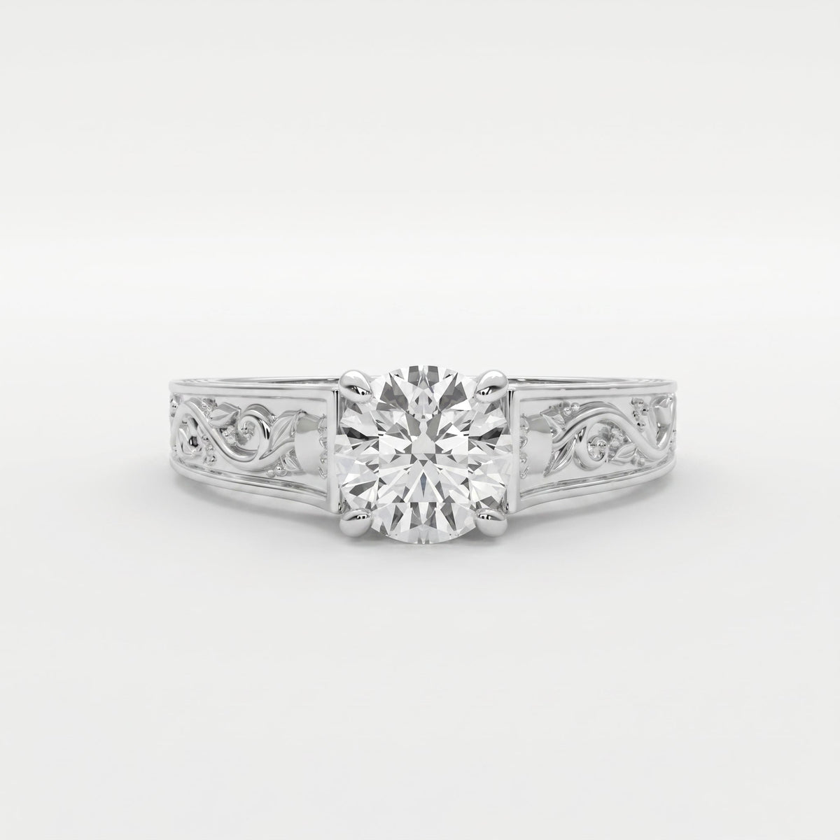 Vintage Floral Engraved Round Cut Diamond Engagement Ring, view 5