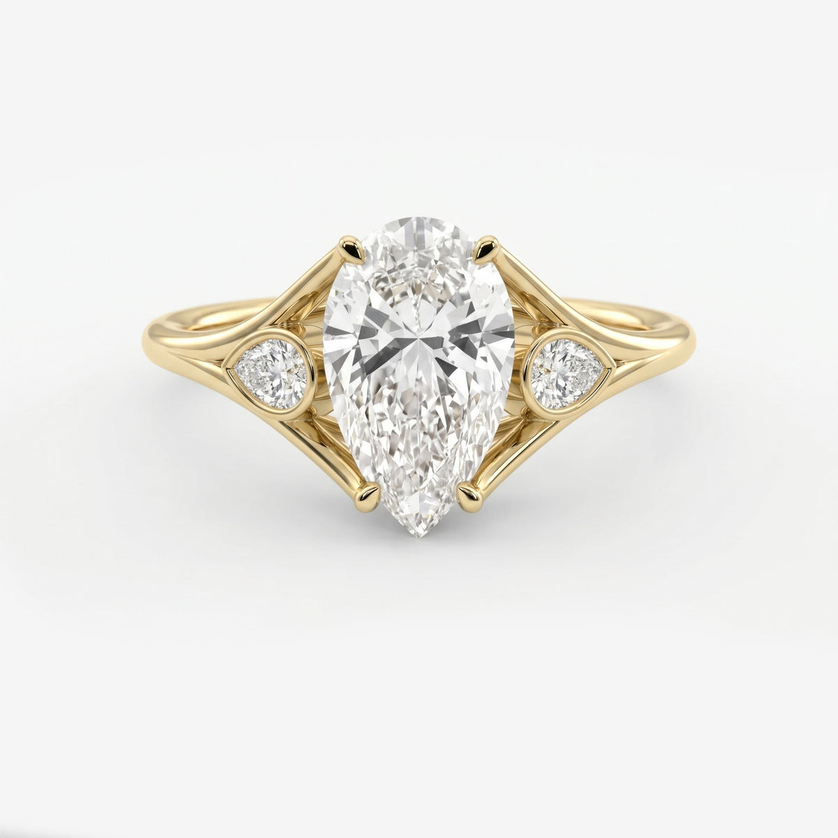Custom 4‑Prong Diamond Ring with Bezel‑Set Pear Side Stones, view 1