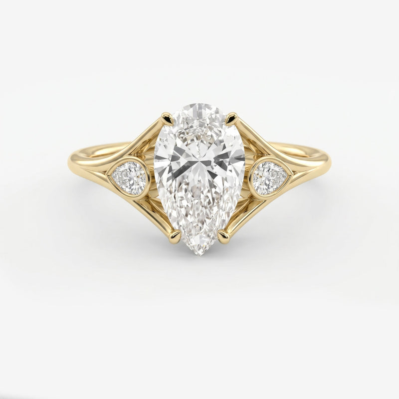 Custom 4‑Prong Diamond Ring with Bezel‑Set Pear Side Stones, view 1