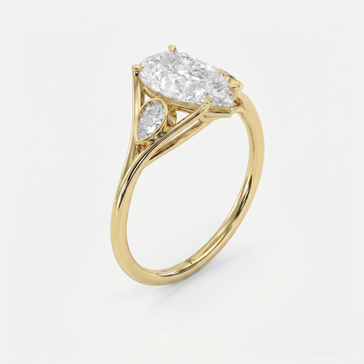Custom 4‑Prong Diamond Ring with Bezel‑Set Pear Side Stones, view 3