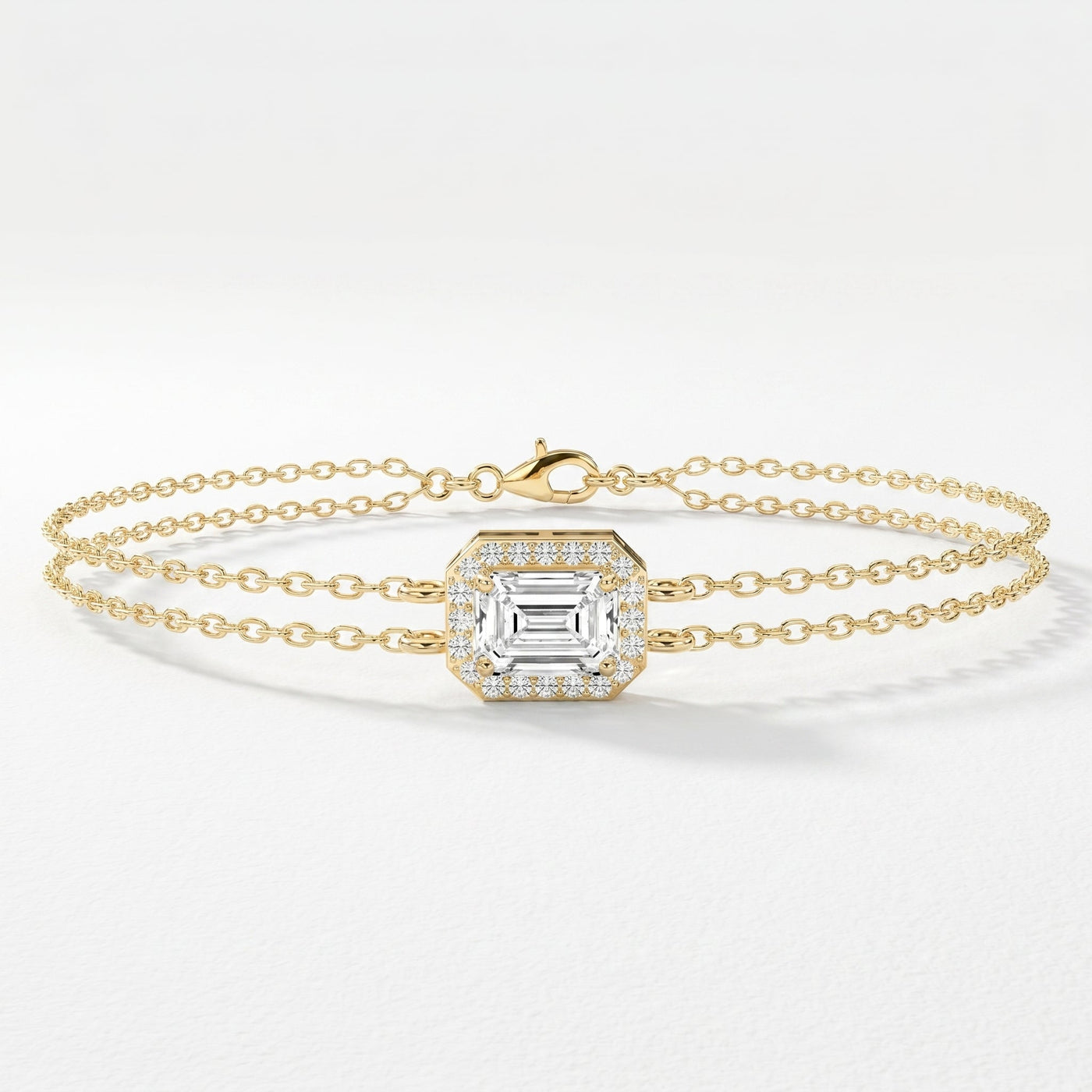 Diamond Bracelet Chain with Emerald Cut Halo Centre, Double Chain Elegant Design, view 1