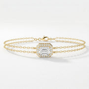 Diamond Bracelet Chain with Emerald Cut Halo Centre, Double Chain Elegant Design, view 1