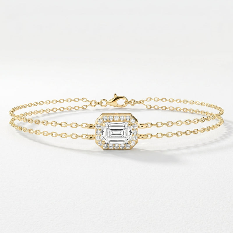 Diamond Bracelet Chain with Emerald Cut Halo Centre, Double Chain Elegant Design, view 1