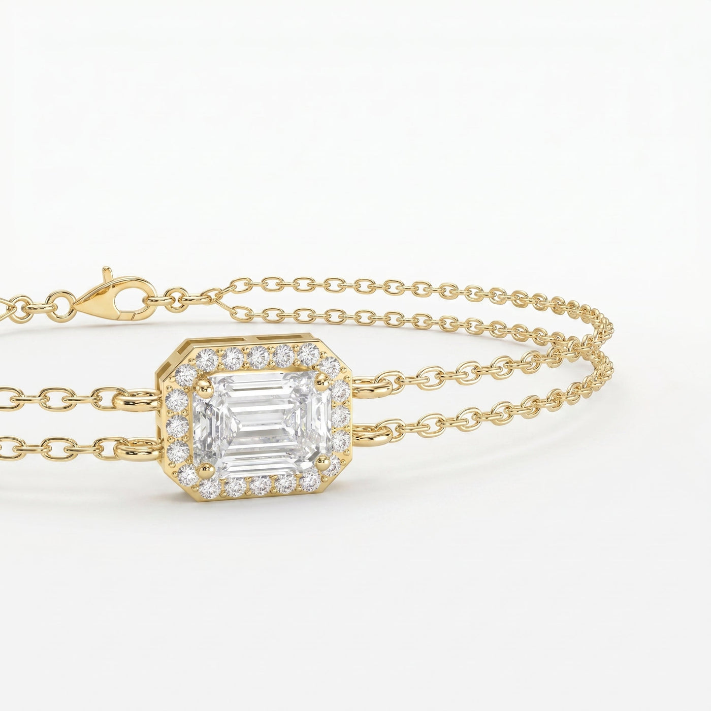 Diamond Bracelet Chain with Emerald Cut Halo Centre, Double Chain Elegant Design, view 5