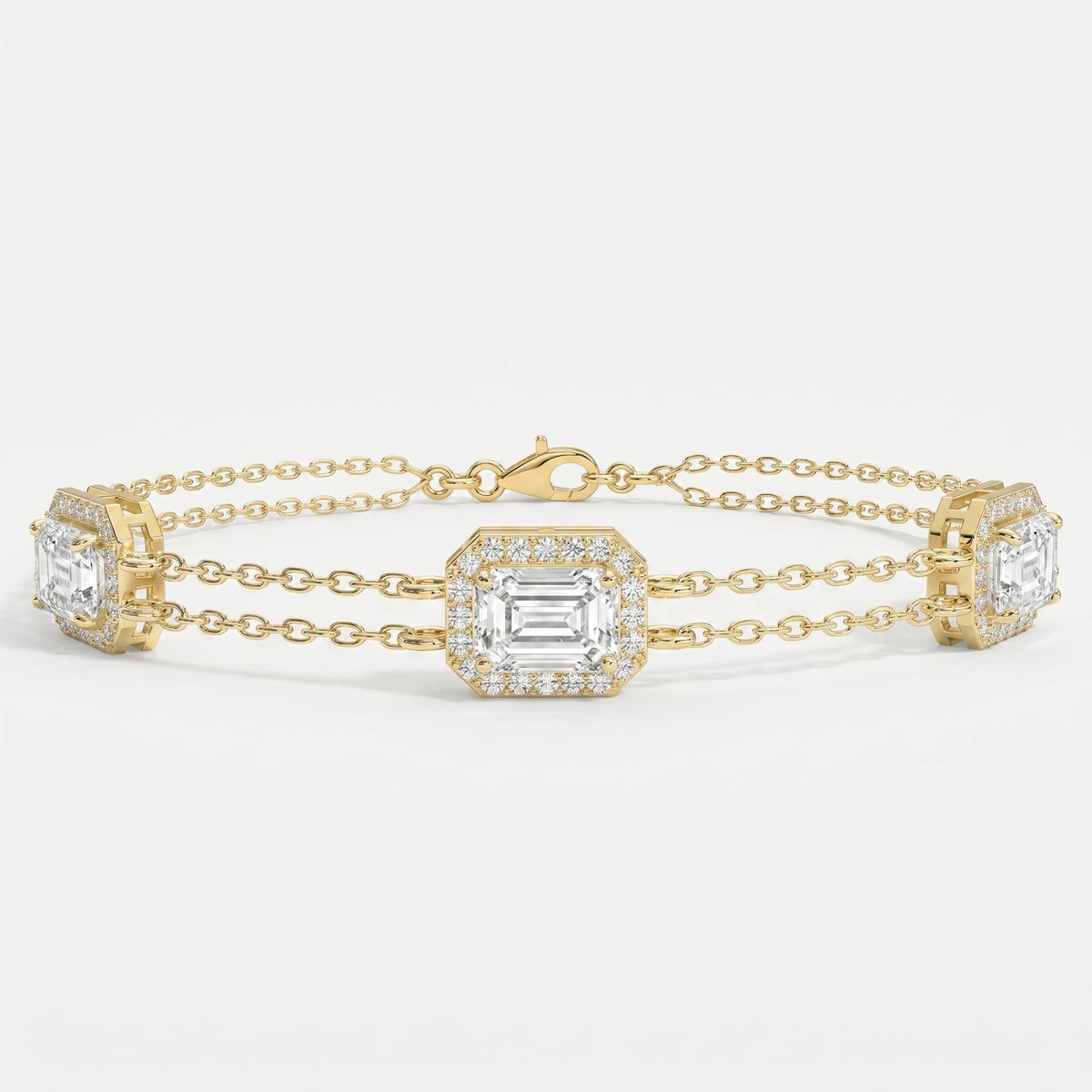 Emerald Cut Diamond Halo Double Chain Statement Design Bracelet, view 1