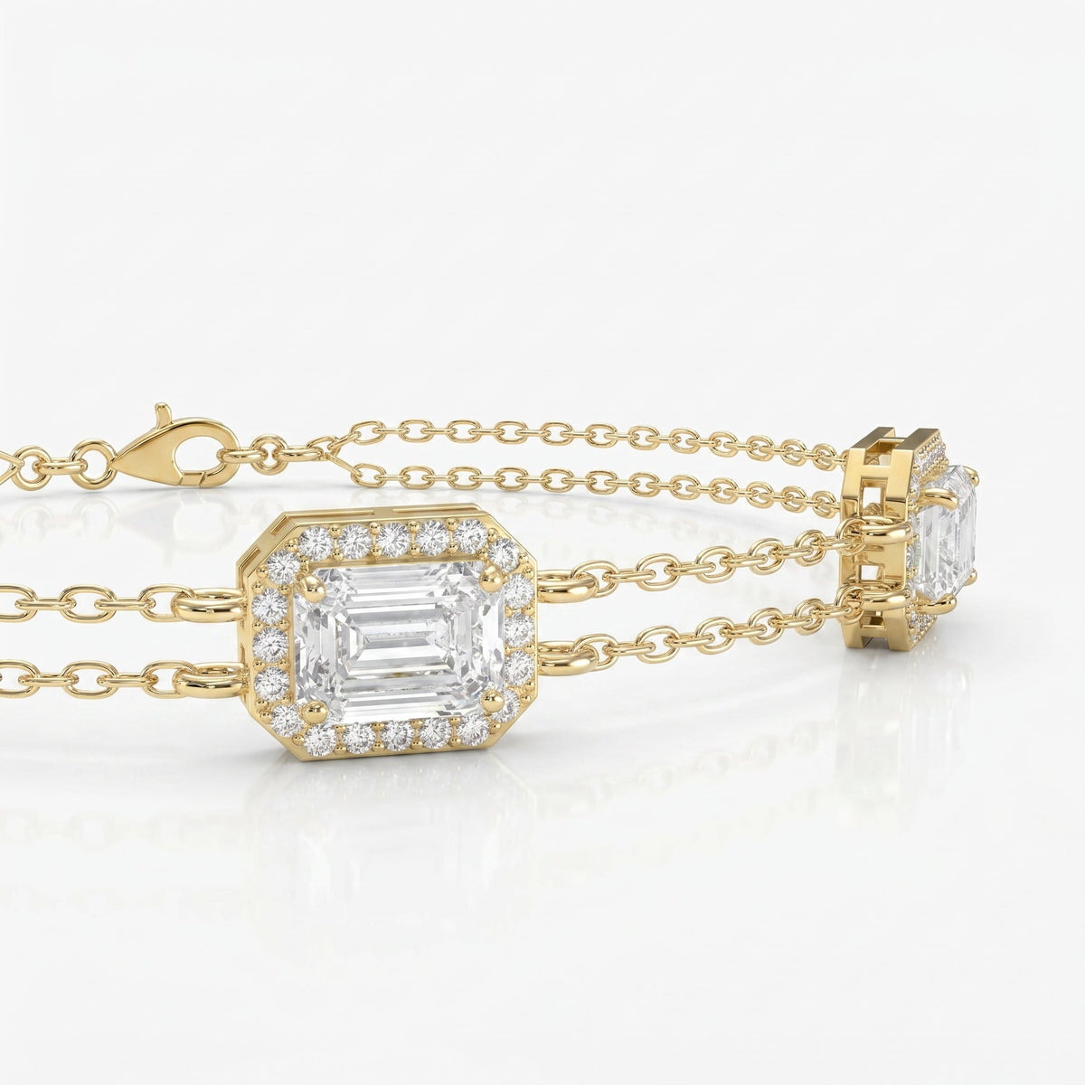 Emerald Cut Diamond Halo Double Chain Statement Design Bracelet, view 3