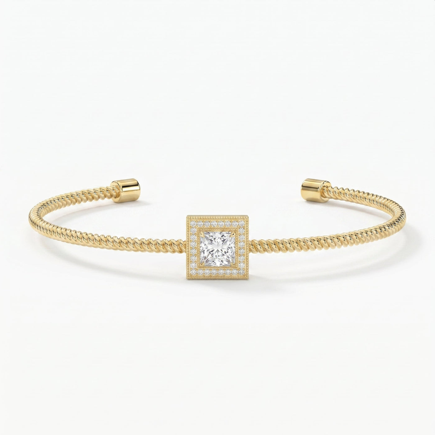 Cuff Bracelet with Square Halo Centrepiece, Princess Cut Diamond, view 1