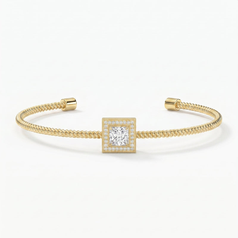 Cuff Bracelet with Square Halo Centrepiece, Princess Cut Diamond, view 1