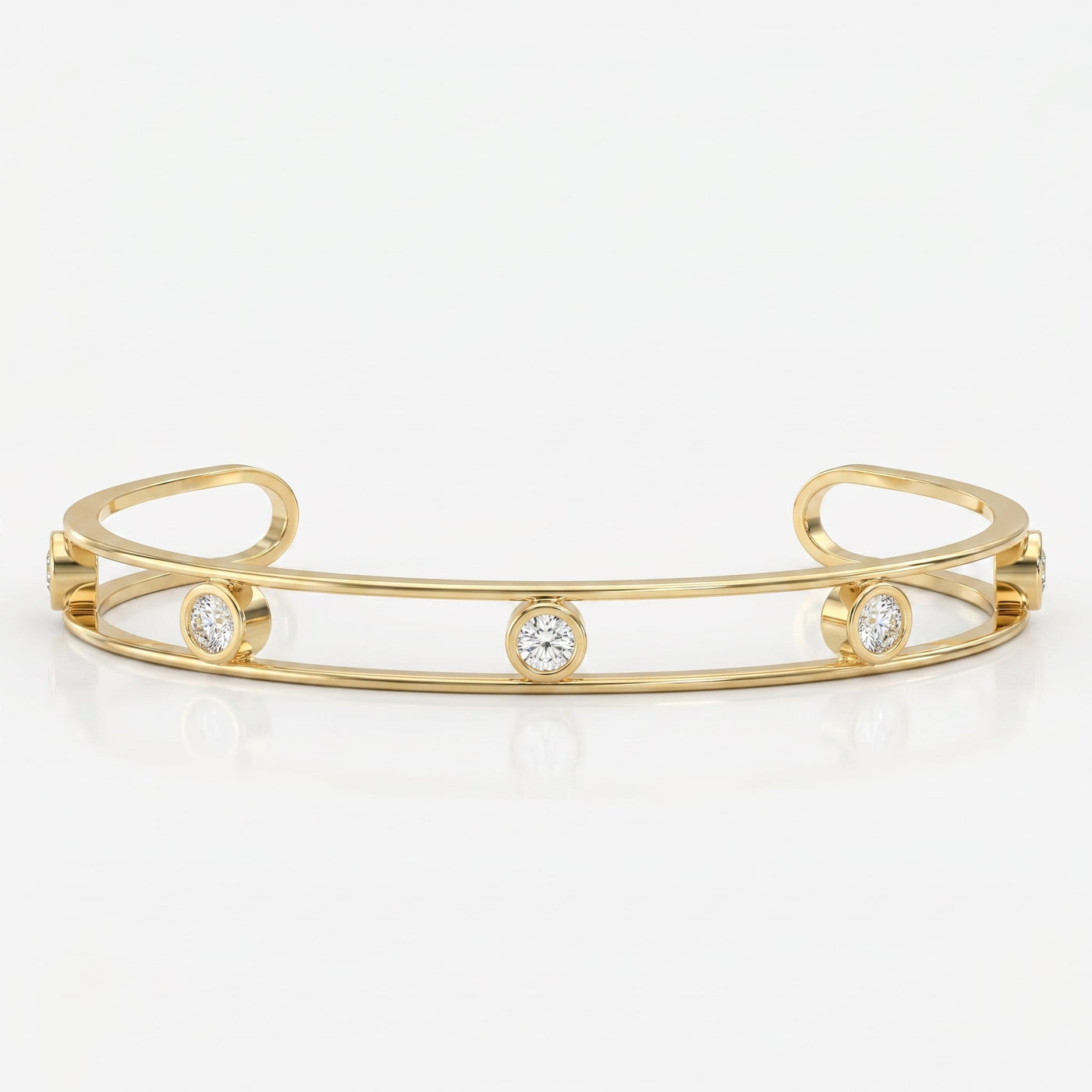 Minimalist Cuff Bracelet with Bezel Set Round Diamonds, view 1