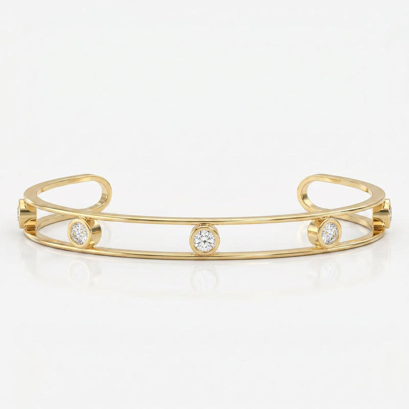 Minimalist Cuff Bracelet with Bezel Set Round Diamonds, view 1