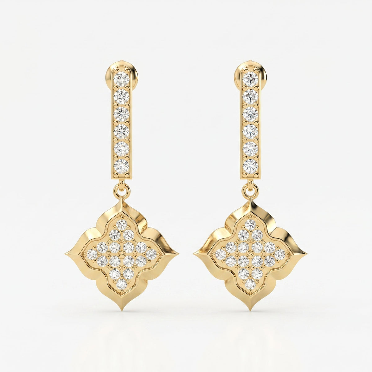 Round Cut Diamond Quatrefoil Drop Earrings, view 1