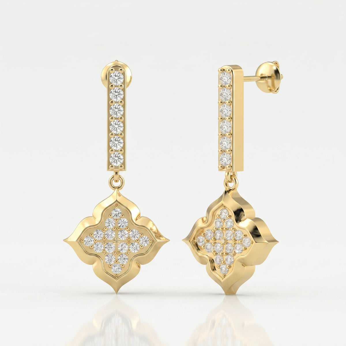 Round Cut Diamond Quatrefoil Drop Earrings, view 5