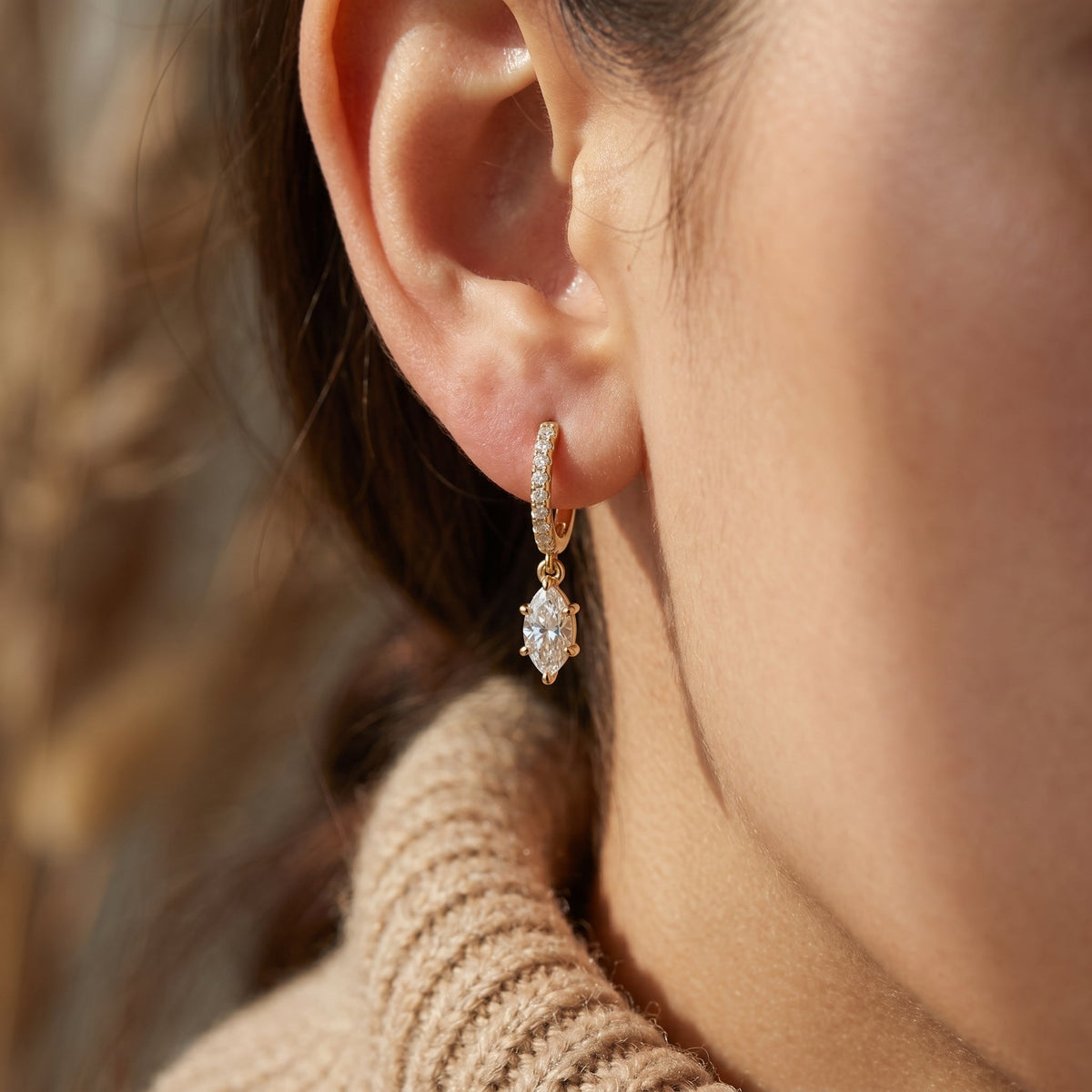 Marquise Cut Diamond Hoop Drop Earrings, view 2