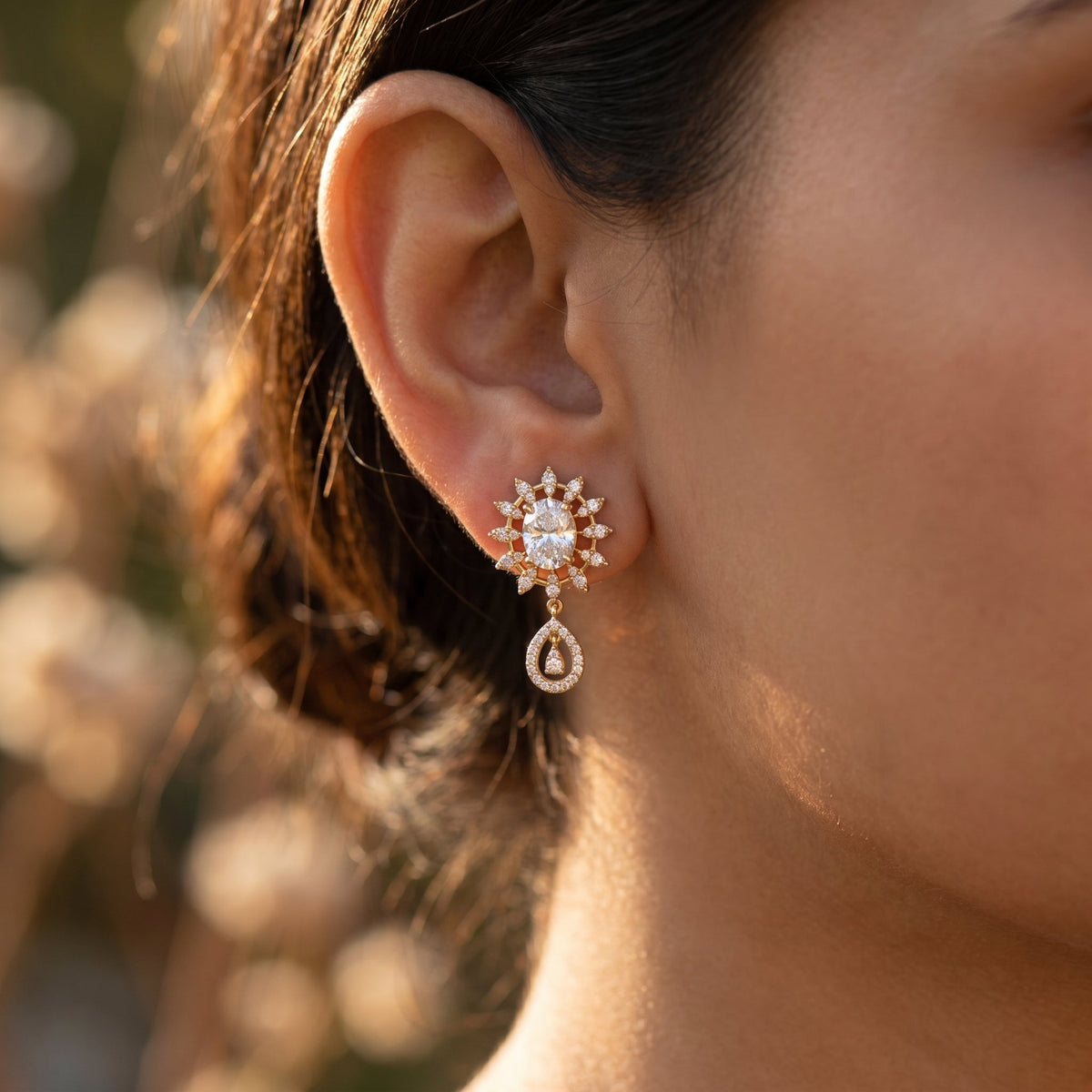 Oval Cut Diamond Sunburst Drop Earrings, view 2