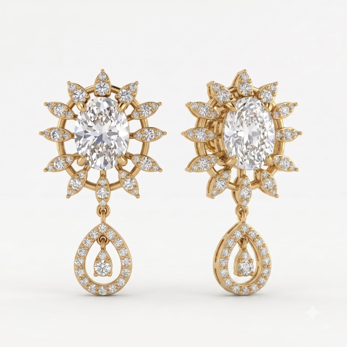 Oval Cut Diamond Sunburst Drop Earrings, view 3