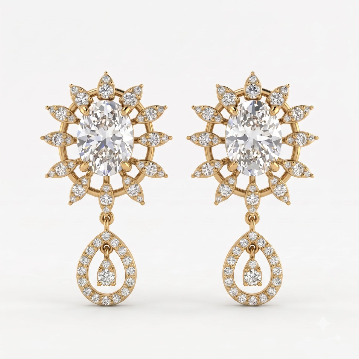 Oval Cut Diamond Sunburst Drop Earrings, view 1