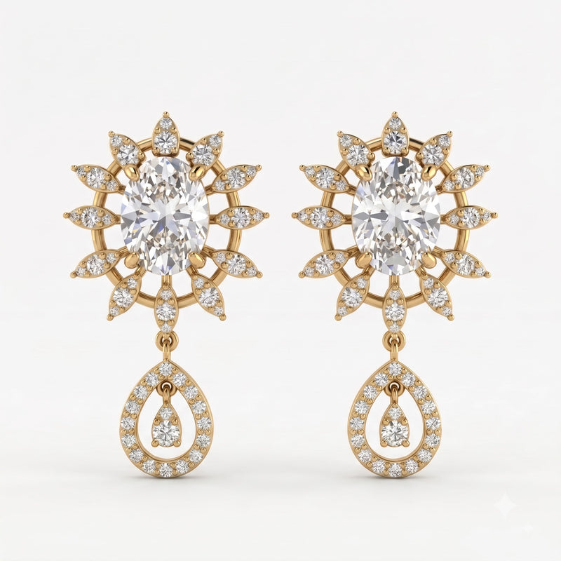 Oval Cut Diamond Sunburst Drop Earrings, view 1