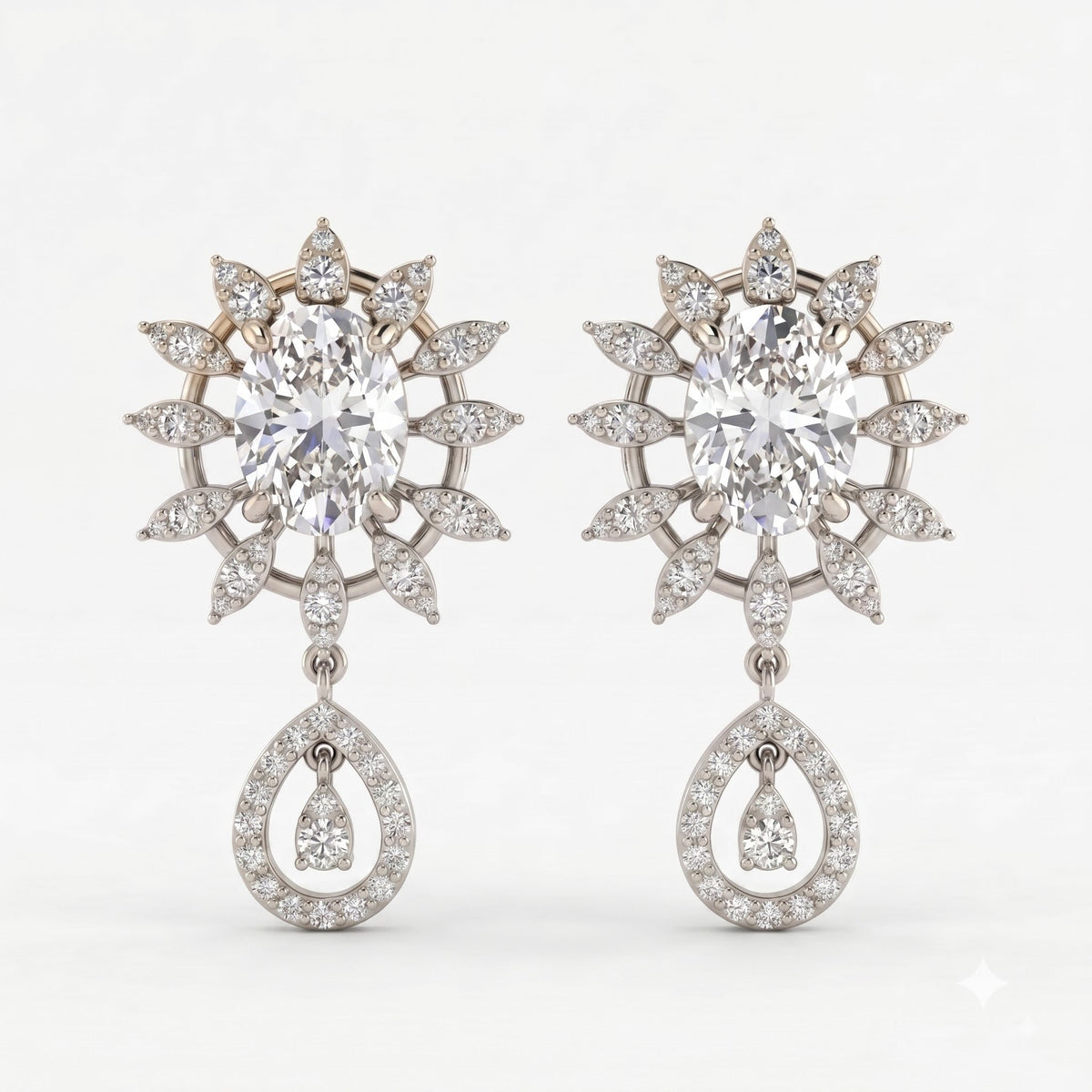 Oval Cut Diamond Sunburst Drop Earrings, view 6