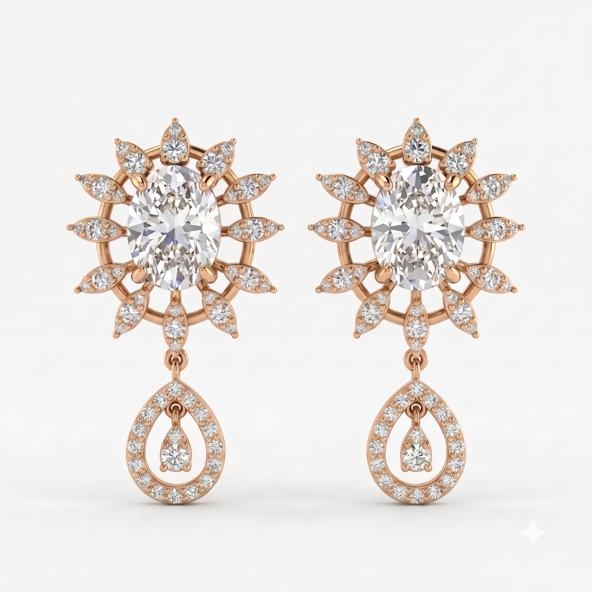 Oval Cut Diamond Sunburst Drop Earrings, view 7