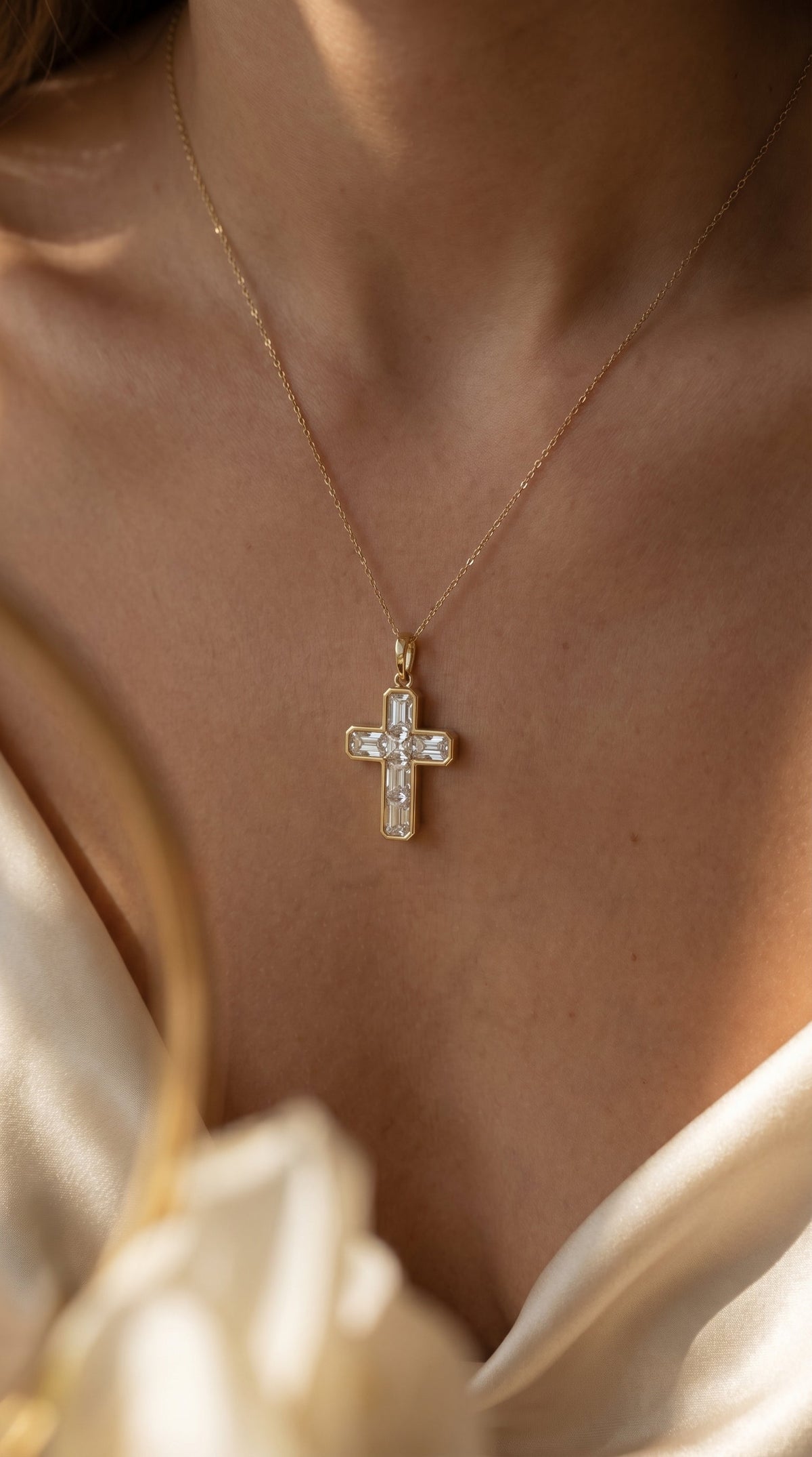Radiant Diamond Cross Pendant Necklace, view 2