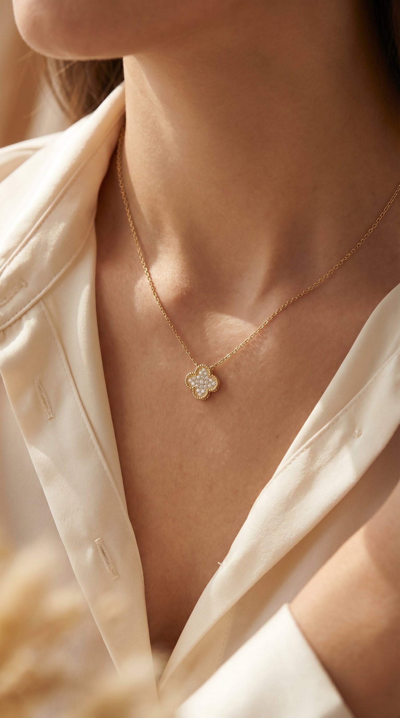 Clover Diamond Heritage Necklace, Pavé Quatrefoil Charm Jewellery, view 2