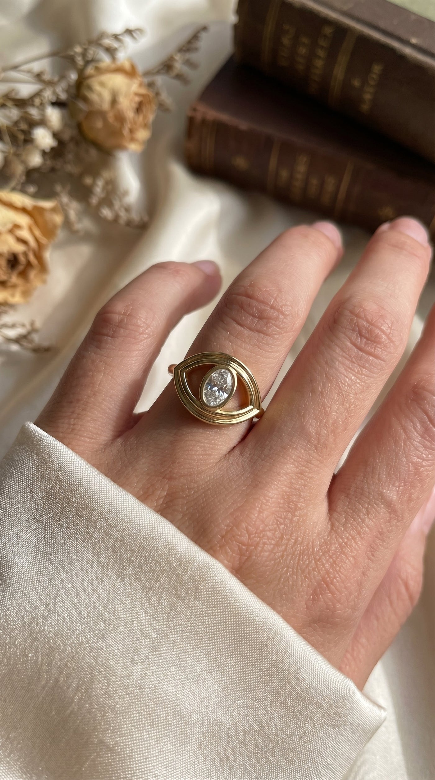 Modern Oval Cut Diamond Eye Design Ring, view 2
